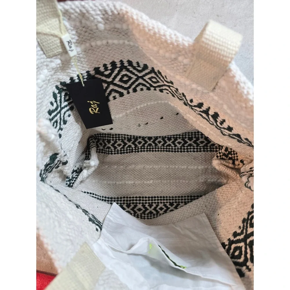 Raj XL Women Woven Cotton Boho Tote Bag Green White Geometric Fringe Pom Pom NEW